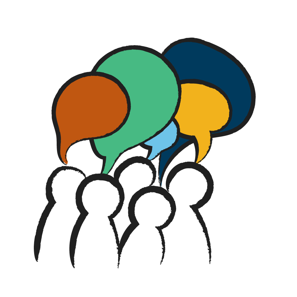 An illustrated gif of a group of people with speech bubbles of different colors popping above each of their heads.