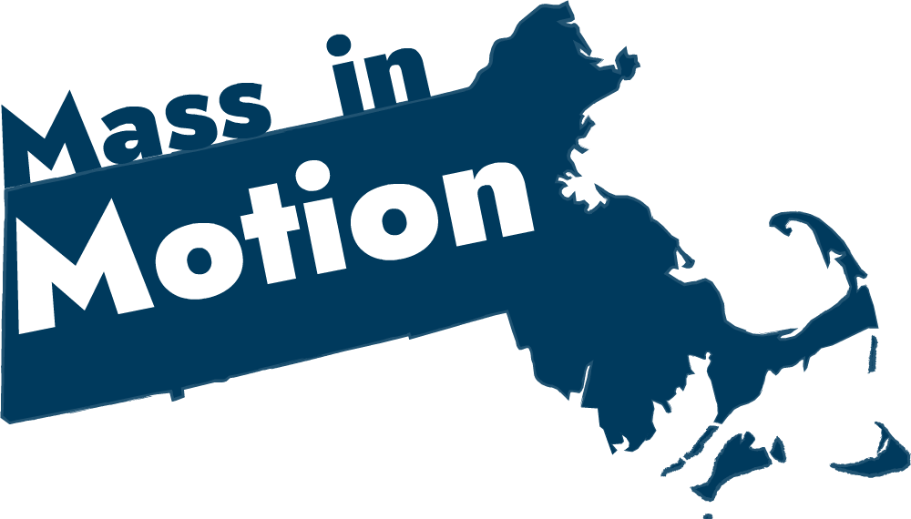 A gif of the state of Massachusetts entering the screen, followed by the words "Mass in Motion" emerging one at at a time